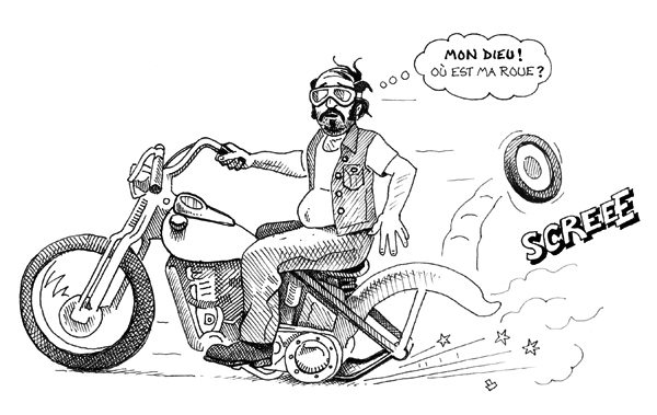 Mon Dieu - cartoon of biker (in the style of The Fabulous Furry Freak Brothers) by Orlando Lund