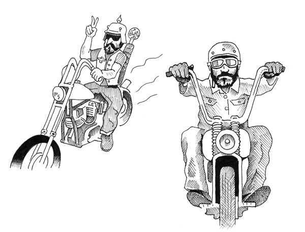 Linkert Attacks - cartoon of 2 bikers (in the style of The Fabulous Furry Freak Brothers) by Orlando Lund