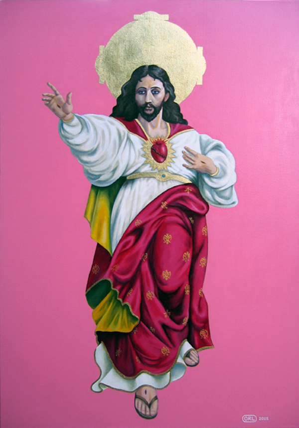 Pink Jesus - paining of Jesus with strong pink background by Orlando Lund